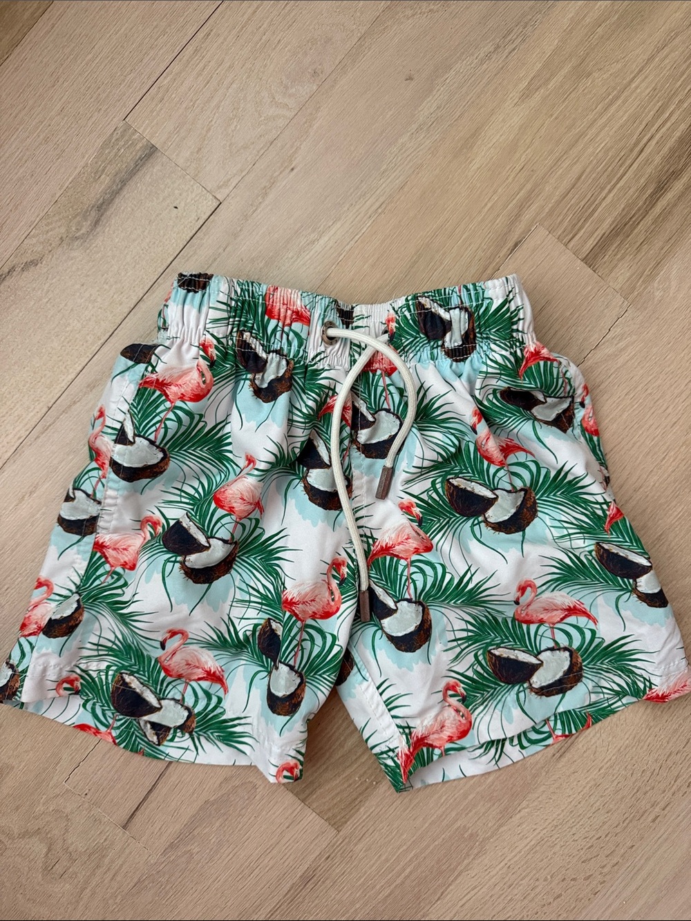 Kids Tropical Flamingo Swim Trunks - White with Pink & Green